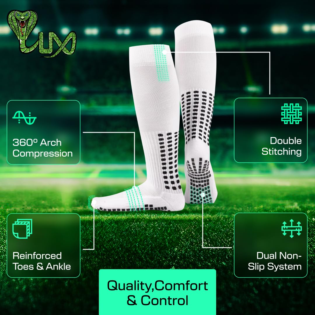 LUX Anti Slip Soccer Knee Socks,Non Slip Football/Basketball/Hockey Sports Grip Socks White