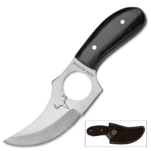 Deer Skinner Knife and Leather Belt Sheath | AUS-6 Stainless Steel Curved Blade | Full-Tang | Thumb Hole | Genuine Buffalo Horn Handle Scales | Makes Great Addition to Hunting Gear | Length 5 3/4”