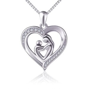 DAOCHONG Mother Holding Child Sterling Silver Mothers Love Heart CZ Pendant Women Necklace 18 inches