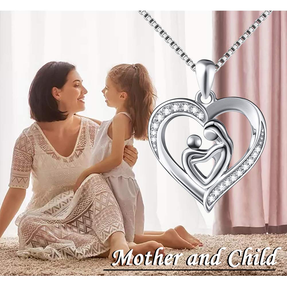 DAOCHONG Mother Holding Child Sterling Silver Mothers Love Heart CZ Pendant Women Necklace 18 inches