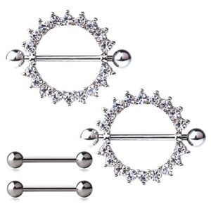 ruifan 316l stainless steel round clear cz gem nipple shield ring & nipple barbell bar retainer body piercing 14g 4pcs - steel