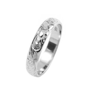 Arthur's Jewelry 14K white gold custom hand engraved Hawaiian queen plumeria scroll band ring 4mm size 9.5