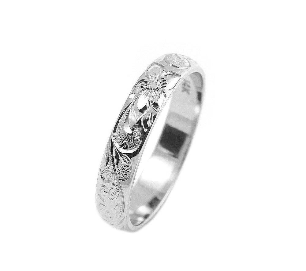 Arthur's Jewelry 14K white gold custom hand engraved Hawaiian queen plumeria scroll band ring 4mm size 9.5