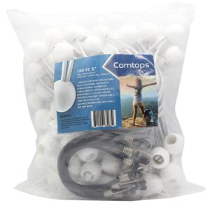 Comtops Heavy Duty 6" 100 PC Ball Bungee Canopy Tarp Tie Down Cord White Color Bonus 6 PK Mini Bungee Cord