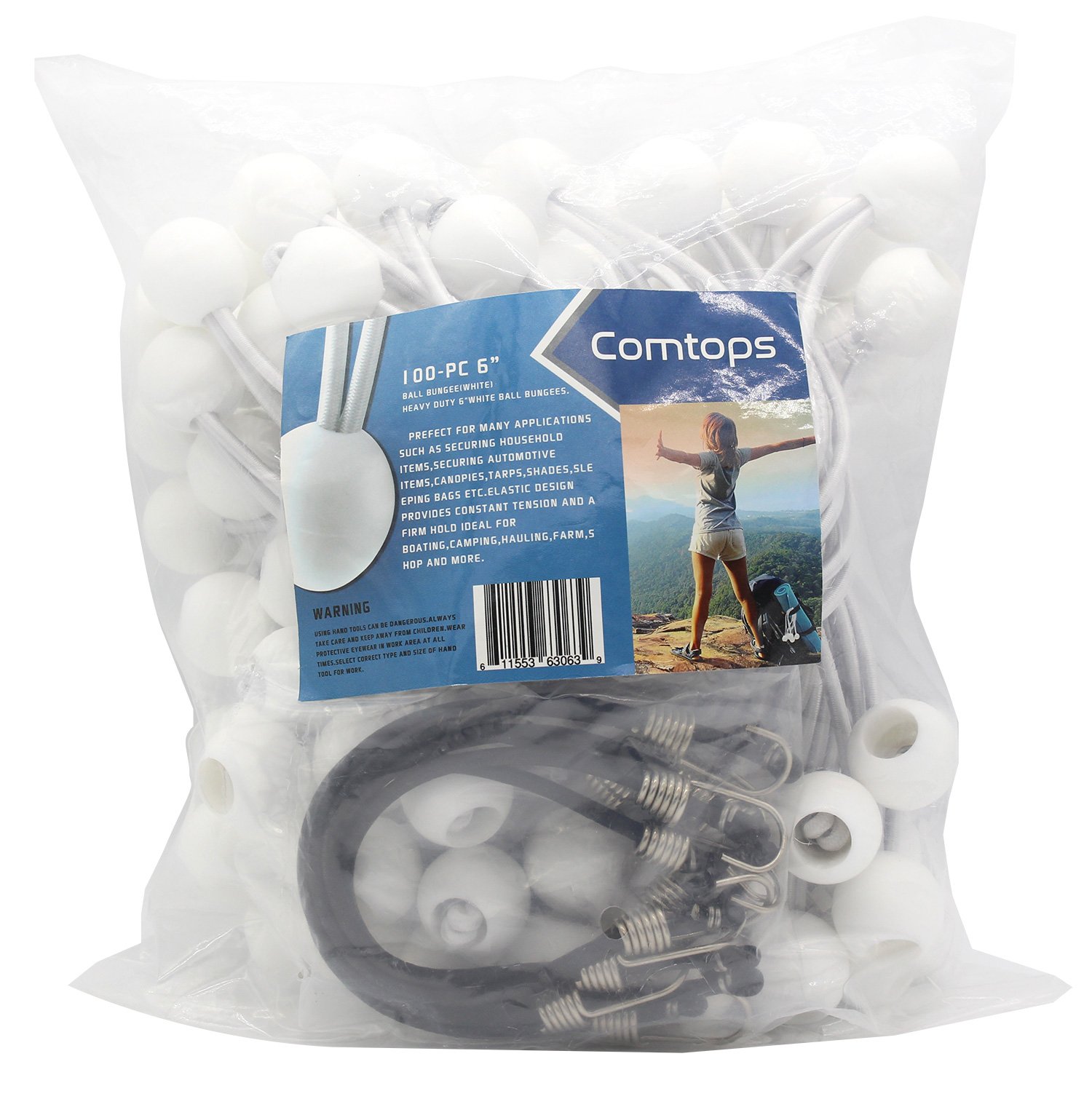 Comtops Heavy Duty 6" 100 PC Ball Bungee Canopy Tarp Tie Down Cord White Color Bonus 6 PK Mini Bungee Cord