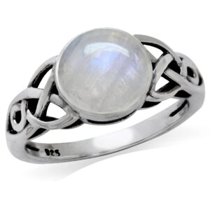 Silvershake 8mm Natural Round Shape Moonstone 925 Sterling Silver Triquetra Celtic Knot Solitaire Ring Size 9