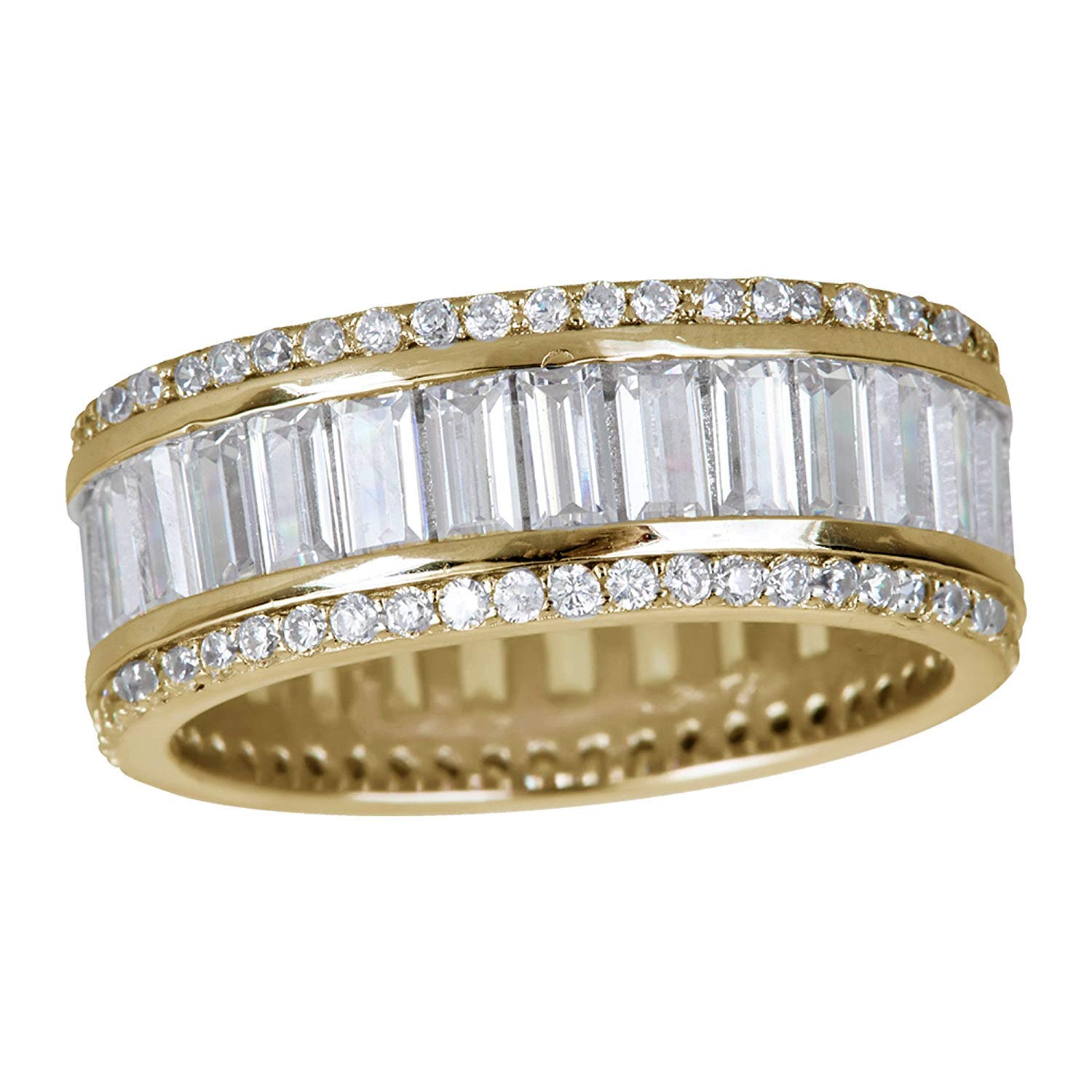 Sterling Silver Yellow Baguette & Round Cut Cubic Zirconia Eternity Band Emerald Ring