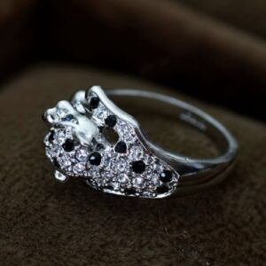 White Gold Plated Animal Leopard Ring with Clear and Black Cubic Zirconia Jaguar Sport Dots Fashion Jewelry for Women (9)