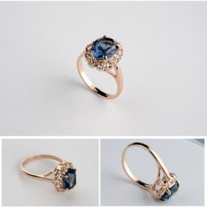 Rose Gold Plated Oval Shaped Ring with Sapphire Blue Swarovski element Crystal and Clear Round Shaped Cubic Zirconia Fashion Jewelry for Women (6.5)