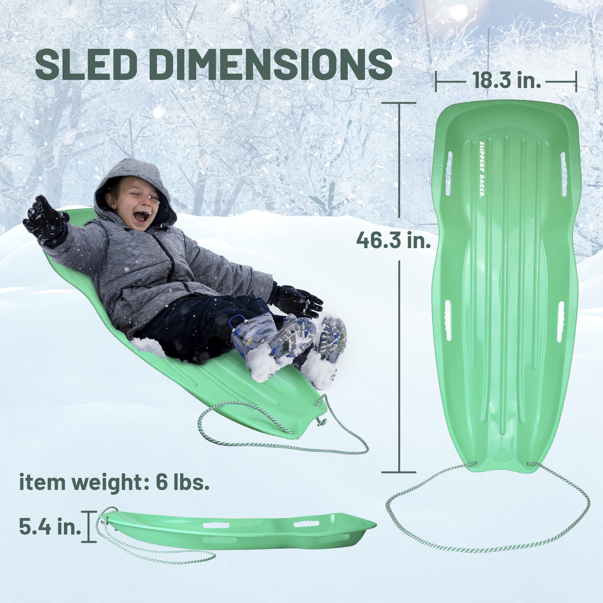 Slippery Racer Downhill Xtreme Flexible Adults and Kids Plastic Toboggan Snow Sled for up to 2 Riders with Pull Rope and Handles, Green