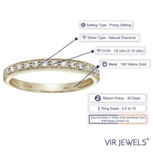 Vir Jewels 1/6 carat (ctw) Diamond Wedding Anniversary Band for Women, Half Eternity Petite Round Diamond Engagement Ring 10K Yellow Gold Prong Set with Milgrain 0.16 cttw, Size 5