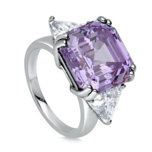 BERRICLE Sterling Silver 3-Stone Purple Asscher Cut Cubic Zirconia CZ Statement Cocktail Fashion Anniversary Ring for Women, Rhodium Plated Size 7