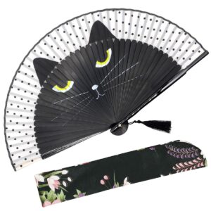 omytea "sexy cat folding hand held fan for women - with a fabric sleeve for protection - chinese/japanese vintage retro style for wedding, dancing, church, party, gifts (black)