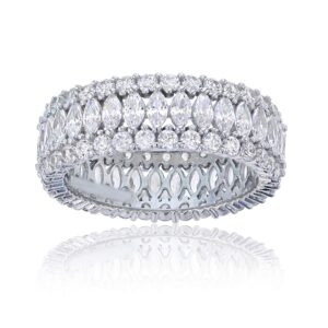 Sterling Silver Cubic Zirconia Rhodium Marquise & Round Cut Triple Row Eternity Band Fashion Ring