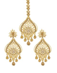 bindhani golden rhinestone head piece maang tikka & indian earrings for women