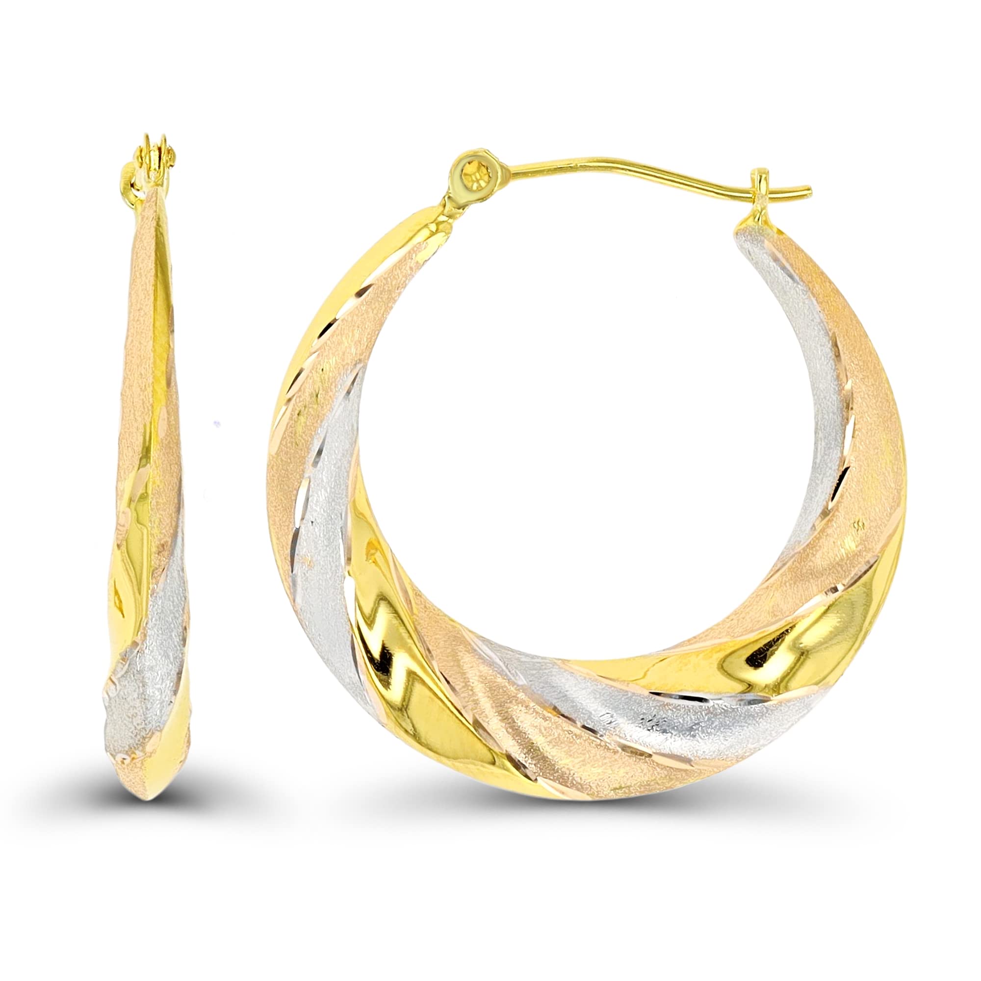 14K Tricolor Gold 3mm Thick High Polished Swirl Hoop Earrings with Hinged Clasp | 3x25mm Hoop | Swirl Earrings | Solid Gold Earrings For Women