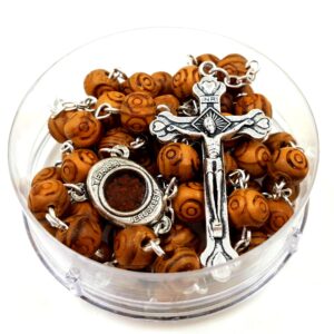 TALISMAN4U CATHOLIC ROSARY NECKLACE Olive Wood Carved Beads With Jerusalem Soil & Cross Crucifix in Gift Box