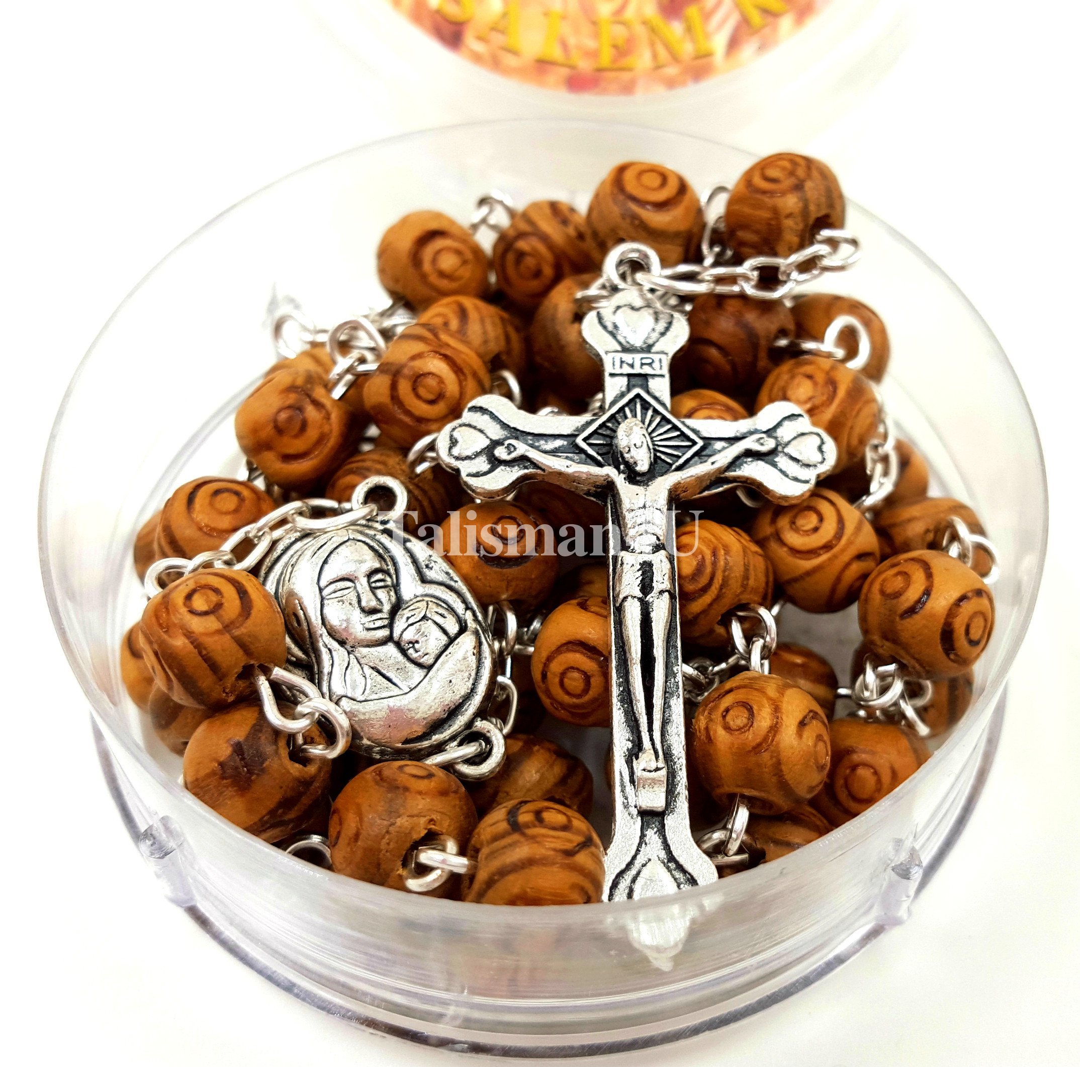 TALISMAN4U CATHOLIC ROSARY NECKLACE Olive Wood Carved Beads With Jerusalem Soil & Cross Crucifix in Gift Box