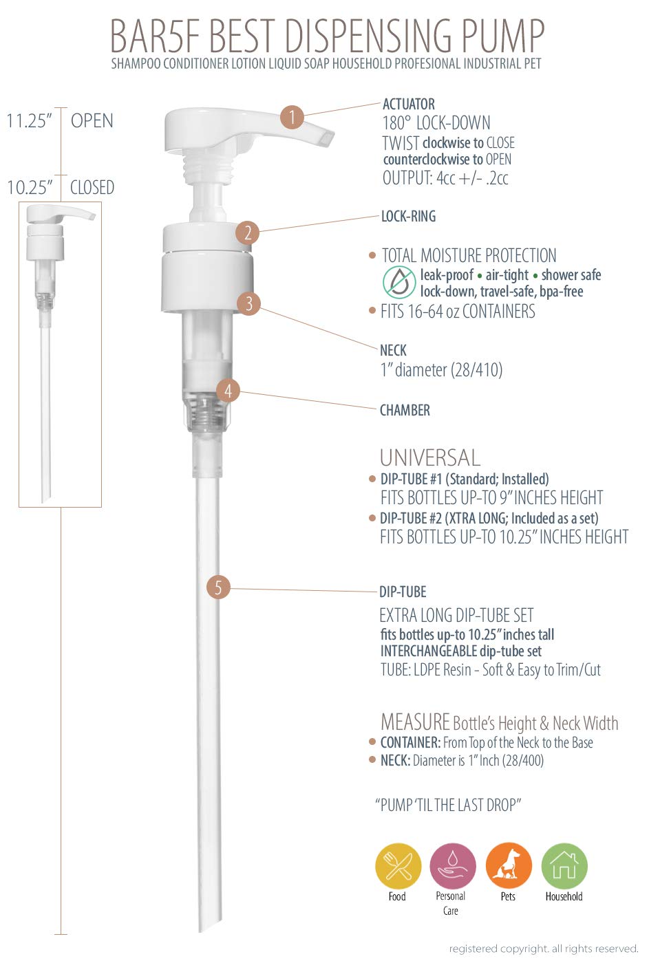 Bar5F Universal Liter Pump for Shampoo Conditioner Lotion for 33.8 Oz Bottles 1-Inch Neck 2-Pack Clear