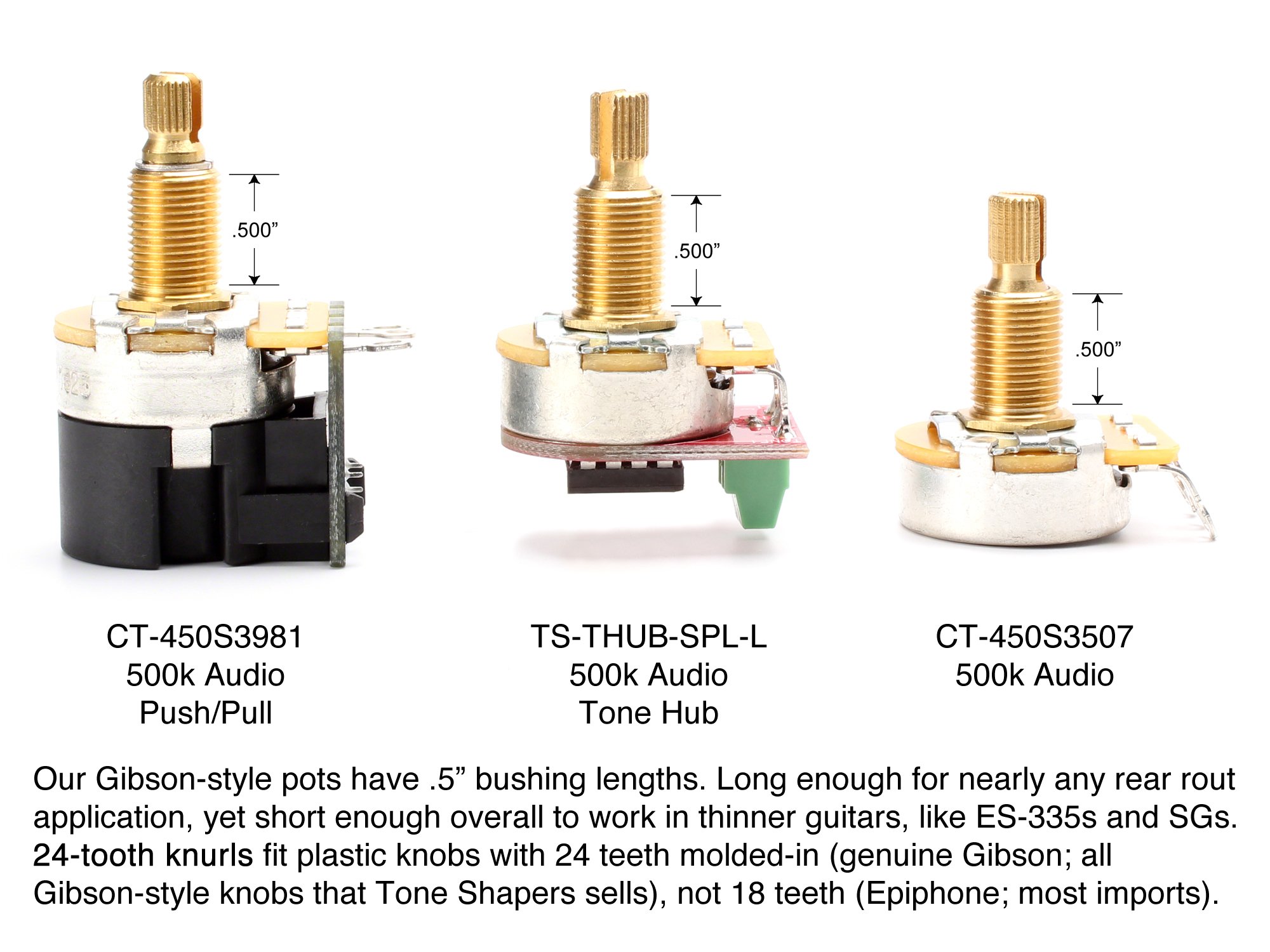 ToneShaper Pot Pack, fits most LP, 335, and SG-style guitars, 500K Audio, 2 Volume, 2 Tone