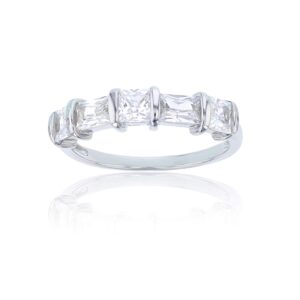 Sterling Silver Baguette & Princess Cut 5 Stone Cubic Zirconia Anniversary Band Ring