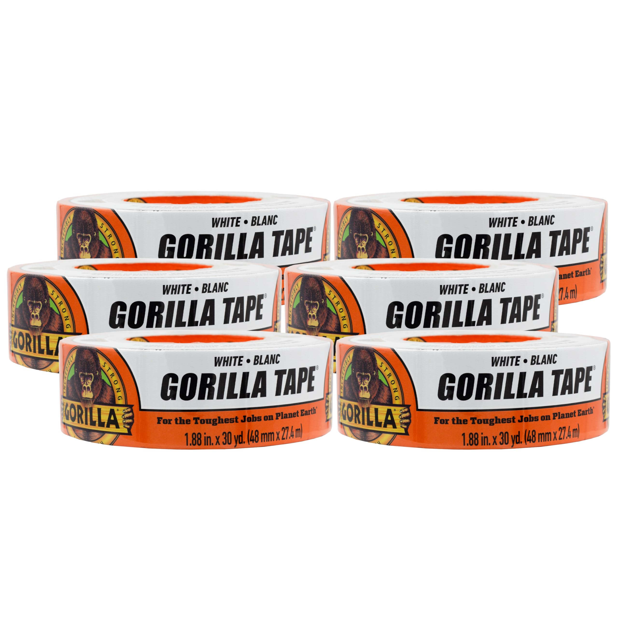 Gorilla Tape, White Duct Tape, 1.88" x 30 yd, White, (Pack of 6)