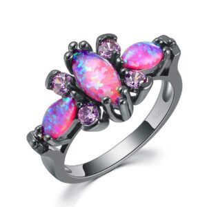 CiNily Black Gold Plated Purple Opal & Amethyst Ring for Women Ladies Big Gemstone Gothic Ring Jewelry Gift Size 7