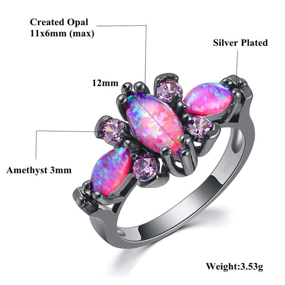 CiNily Black Gold Plated Purple Opal & Amethyst Ring for Women Ladies Big Gemstone Gothic Ring Jewelry Gift Size 7