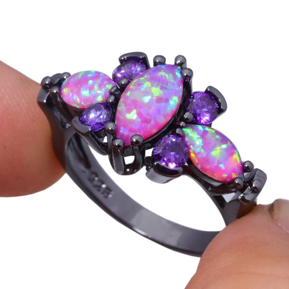 CiNily Black Gold Plated Purple Opal & Amethyst Ring for Women Ladies Big Gemstone Gothic Ring Jewelry Gift Size 7