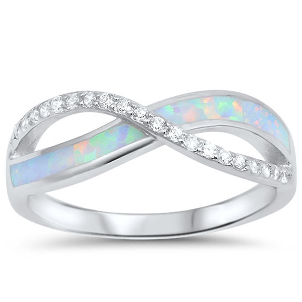 White CZ White Simulated Opal Infinity Ring New .925 Sterling Silver Band Size 10