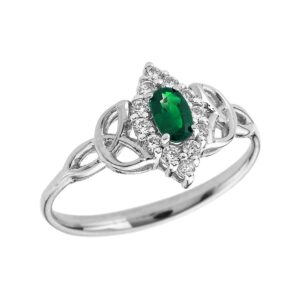 Birthstone Engagement Rings Oval Emerald and Diamond 10k White Gold Trinity Knot Proposal Ring (Size 6.5)