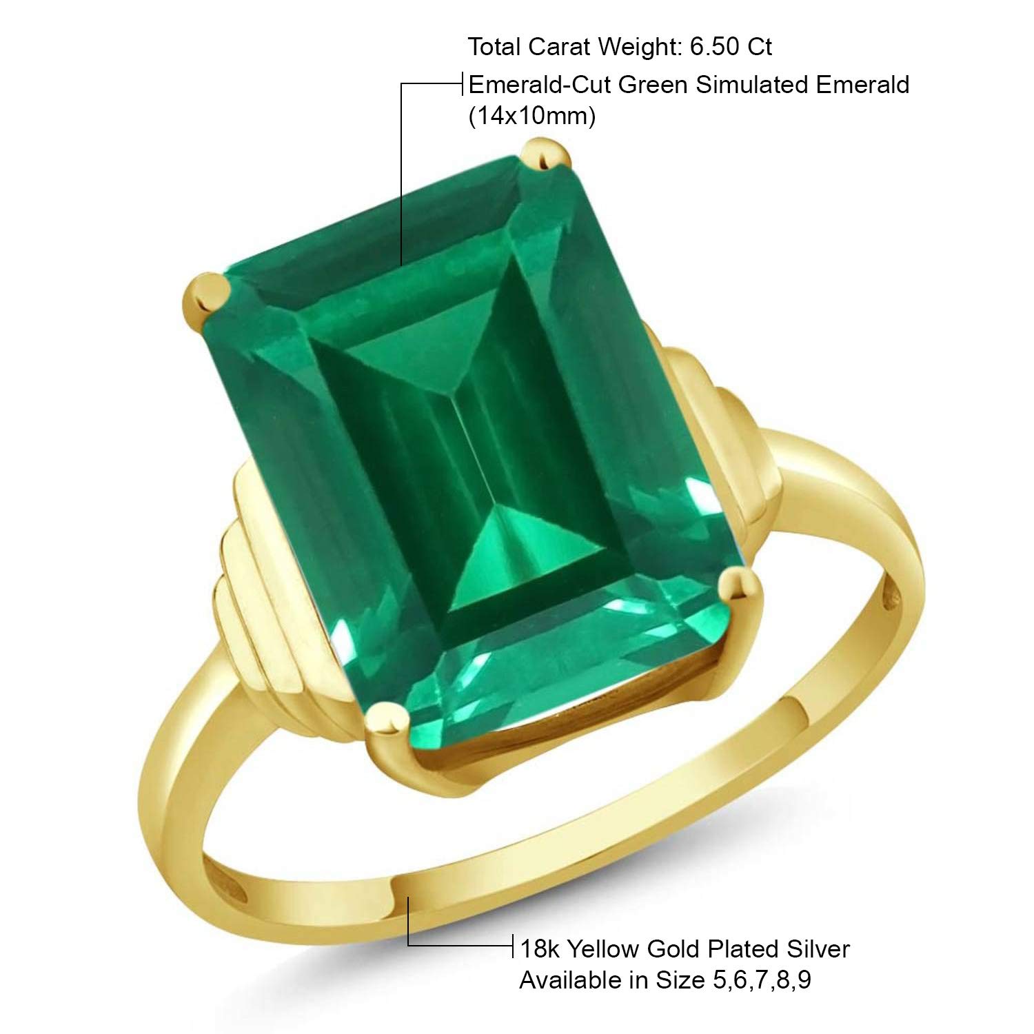 Gem Stone King 18K Yellow Gold Plated Silver Gemstone Birthstone Solitaire Engagement Ring | Emerald Cut 14X10MM Yellow Gold Ring For Women | Available In Size 5, 6, 7, 8, 9