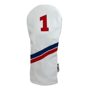 Sunfish Leather Golf Headcover Set 1-3-X Driver Fairway Hybrid White with Blue and Red Stripes