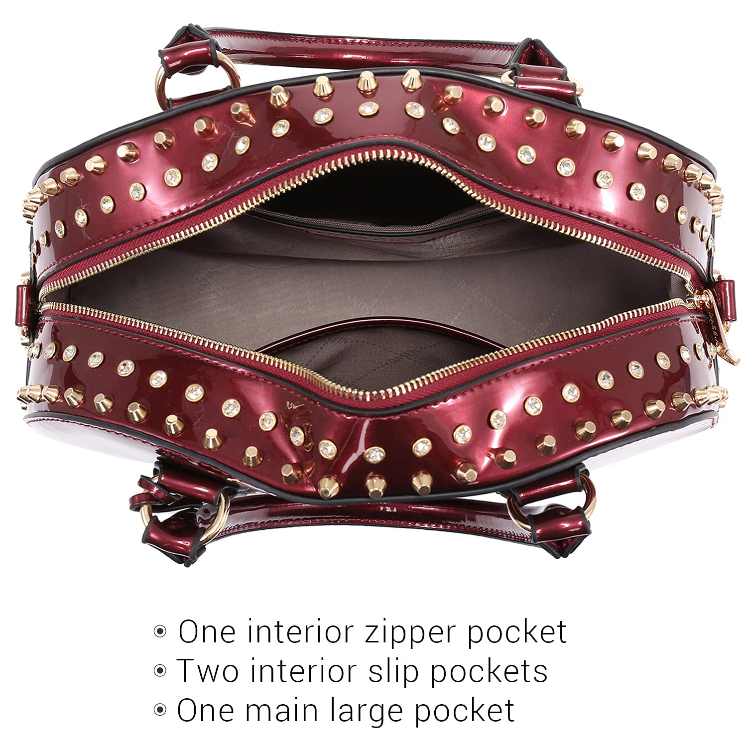 Dasein Patent Rhinestone Handbags for Women Studded Dome Zip Around Shoulder Bags Designer Purses, COLOR-RED