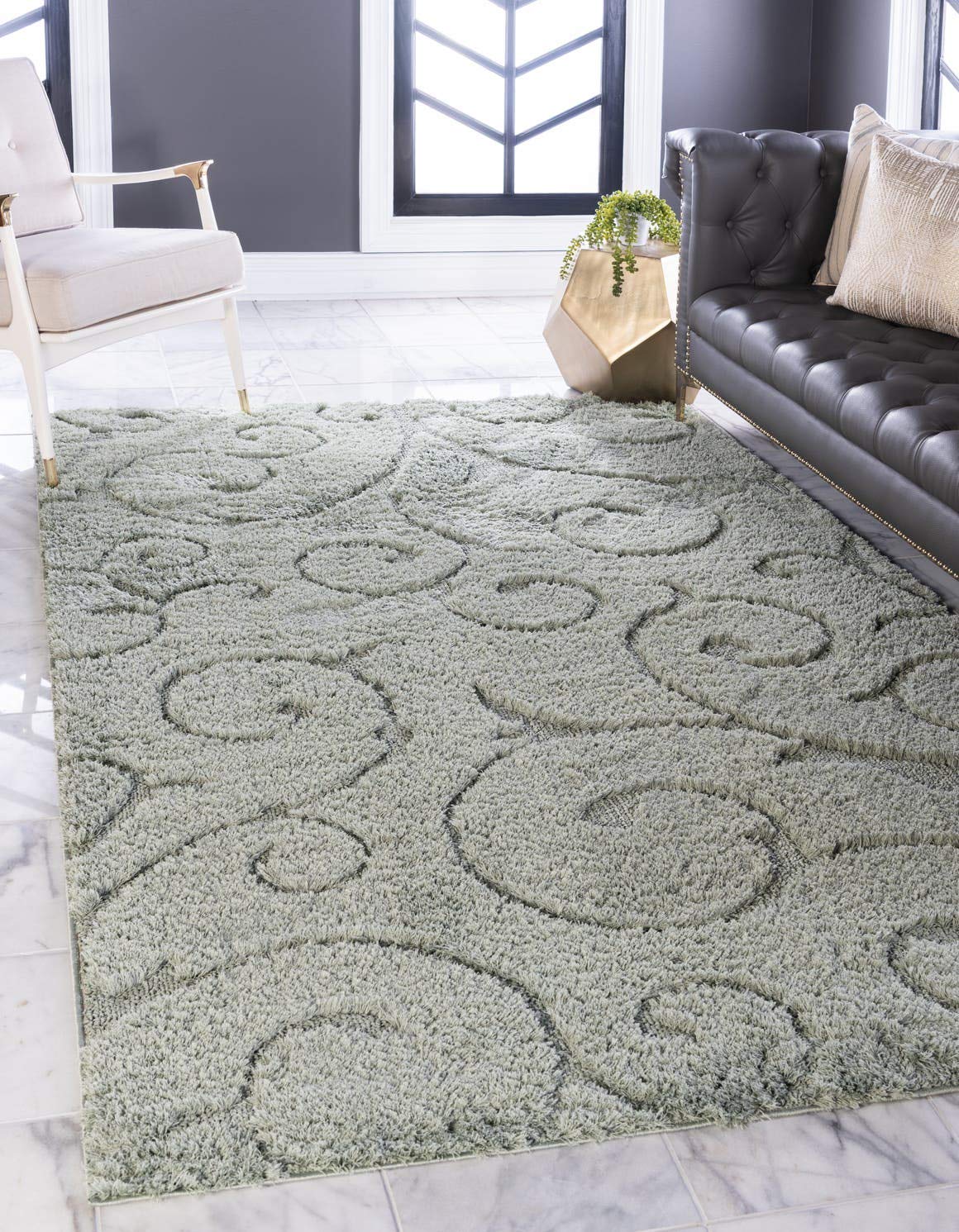 Unique Loom Floral Shag Collection Area Rug-Carved, 4 ft x 6 ft, Green