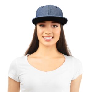 DALIX Premium Flat Bill Baseball Cap Structured Hat Snap Back Chambray in Navy Blue