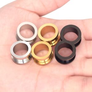 Oyaface 6 Pcs Stainless Steel Ear Tunnels Gauges Double Flare Screwed Earrings Expander Stretchers Piercing Body Jewelry, Black/Silver/Gold, 12mm