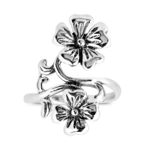 AeraVida Dazzling Heart Petal Double Flower Vine .925 Sterling Silver Ring | Vintage Floral Silver Ring for Women | Anniversary Jewelry Gift for All Occasion | Flower Statement Ring | Size (9)