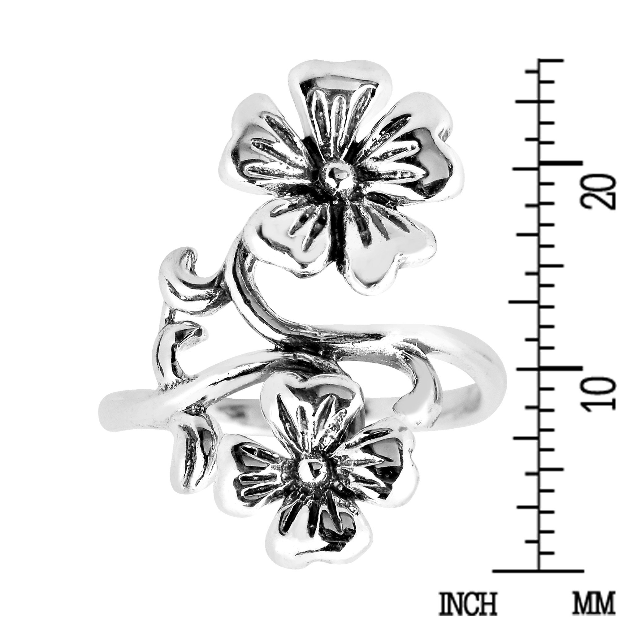 AeraVida Dazzling Heart Petal Double Flower Vine .925 Sterling Silver Ring | Vintage Floral Silver Ring for Women | Anniversary Jewelry Gift for All Occasion | Flower Statement Ring | Size (9)