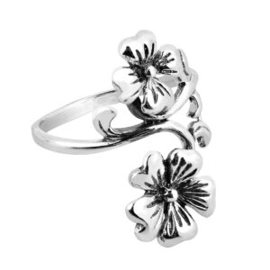 AeraVida Dazzling Heart Petal Double Flower Vine .925 Sterling Silver Ring | Vintage Floral Silver Ring for Women | Anniversary Jewelry Gift for All Occasion | Flower Statement Ring | Size (9)