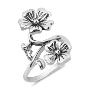 AeraVida Dazzling Heart Petal Double Flower Vine .925 Sterling Silver Ring | Vintage Floral Silver Ring for Women | Anniversary Jewelry Gift for All Occasion | Flower Statement Ring | Size (9)