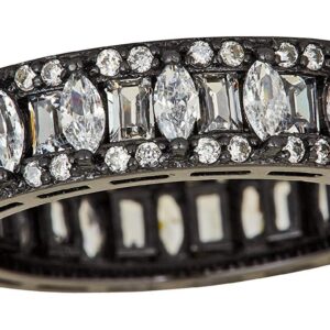 Sterling Silver Black Rhodium Baguette & Round Cut Cubic Zirconia Eternity Band Emerald Ring