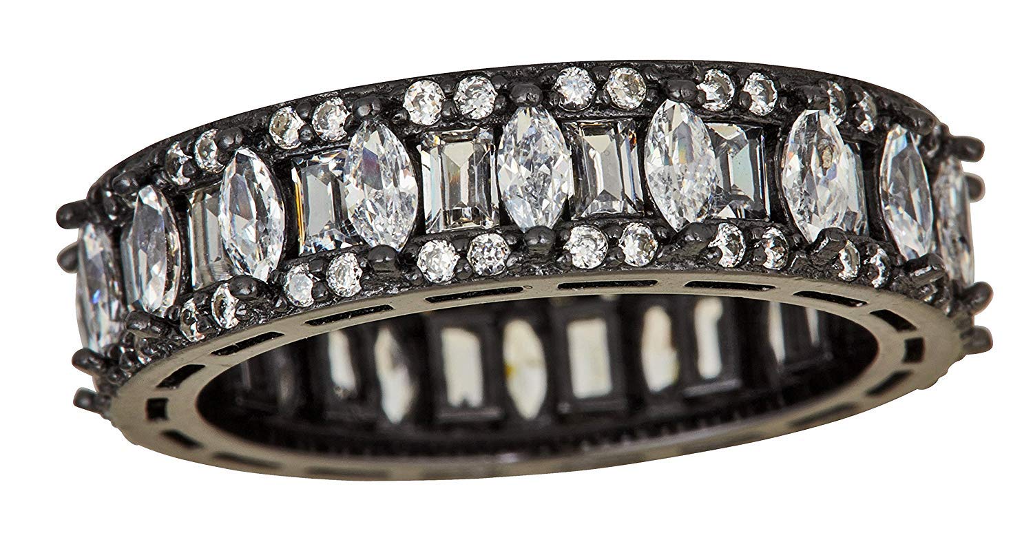 Sterling Silver Black Rhodium Baguette & Round Cut Cubic Zirconia Eternity Band Emerald Ring