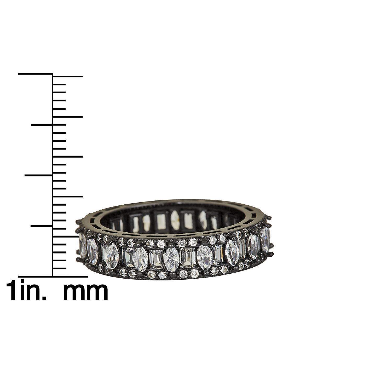 Sterling Silver Black Rhodium Baguette & Round Cut Cubic Zirconia Eternity Band Emerald Ring