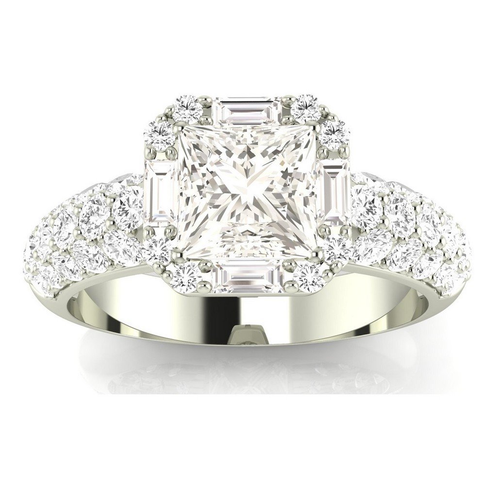 Houston Diamond District 1.4 Carat t.w. 14K White Gold Princess Designer Popular Halo Style Baguette And Pave Set Round Diamond Engagement Ring J/VS2-SI1 Clarity Center Stones.