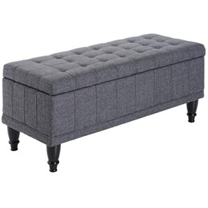 HOMCOM Storage Ottoman, Linen Fabric Button Tufted Storage Bench with Soft Close Lid for Living Room, Entryway or Bedroom, Dark Gray