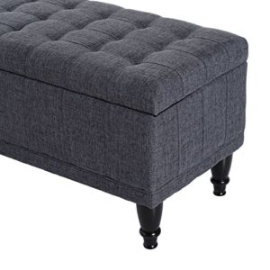 HOMCOM Storage Ottoman, Linen Fabric Button Tufted Storage Bench with Soft Close Lid for Living Room, Entryway or Bedroom, Dark Gray