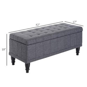 HOMCOM Storage Ottoman, Linen Fabric Button Tufted Storage Bench with Soft Close Lid for Living Room, Entryway or Bedroom, Dark Gray