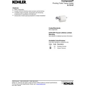 KOHLER 73147-CP Composed pivoting toilet tissue holder, 2.00 x 3.19 x 6.00, Polished Chrome