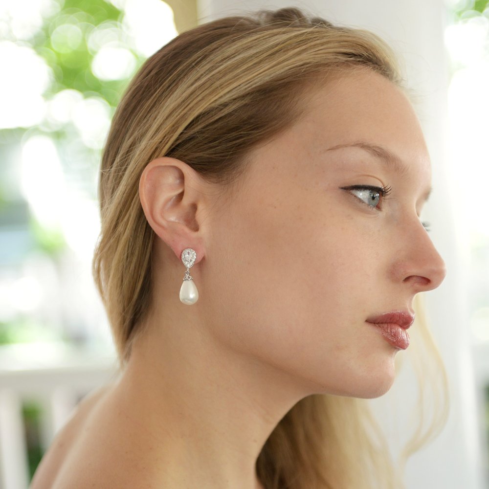 Mariell Pearl Bridal Wedding Clip-On Earrings for Bride, Pearl and CZ Non-Pierced Drop Bridal Earring